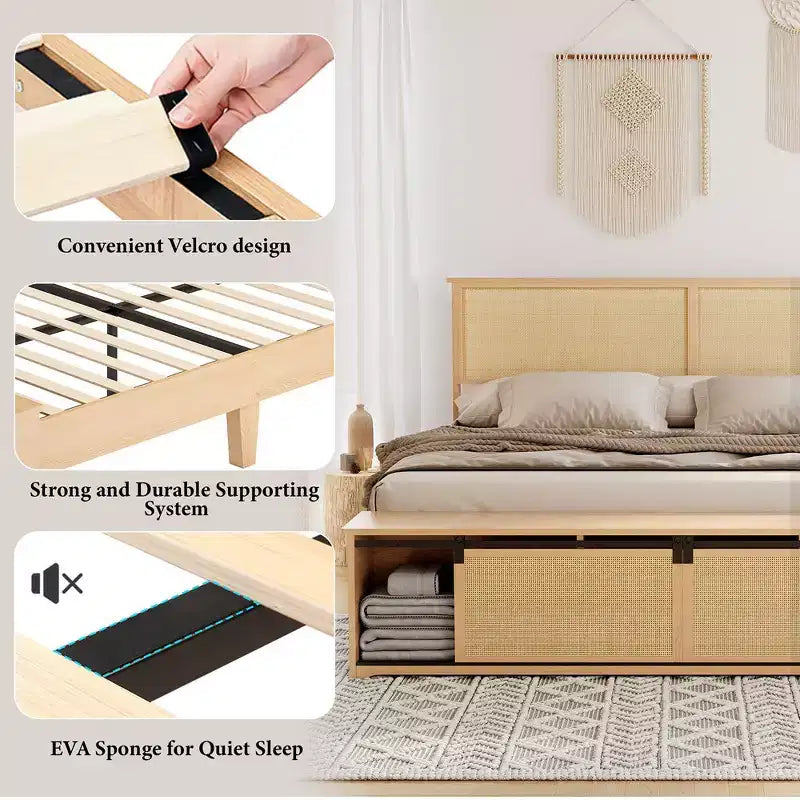Cadre de lit en rotin naturel Whizmax avec armoires de rangement coulissantes de style porte de grange et tête de lit lumineuse à LED, lit plateforme en bois de style bohème/ferme