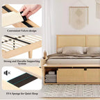 Cadre de lit en rotin naturel Whizmax avec armoires de rangement coulissantes de style porte de grange et tête de lit lumineuse à LED, lit plateforme en bois de style bohème/ferme