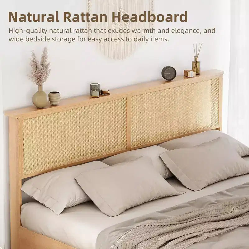 Cadre de lit en rotin naturel Whizmax avec armoires de rangement coulissantes de style porte de grange et tête de lit lumineuse à LED, lit plateforme en bois de style bohème/ferme