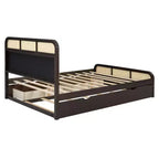 Lit plateforme queen en bois avec lit gigogne et 2 tiroirs, accents en rotin Bed 4S - ModernLuxe