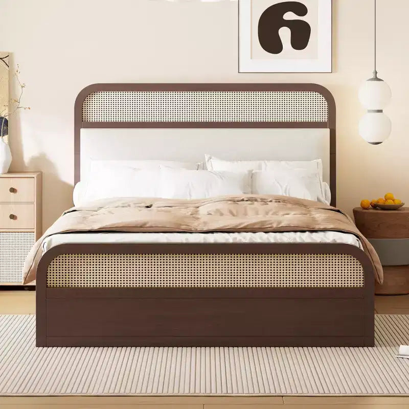 Lit plateforme queen en bois avec lit gigogne et 2 tiroirs, accents en rotin Bed 4S - ModernLuxe