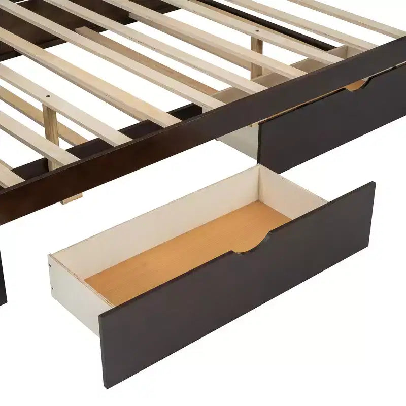 Lit plateforme queen en bois avec lit gigogne et 2 tiroirs, accents en rotin Bed 4S - ModernLuxe