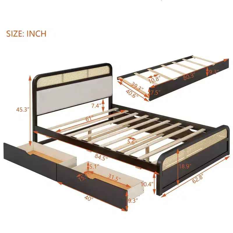Lit plateforme queen en bois avec lit gigogne et 2 tiroirs, accents en rotin Bed 4S - ModernLuxe