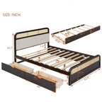 Lit plateforme queen en bois avec lit gigogne et 2 tiroirs, accents en rotin Bed 4S - ModernLuxe