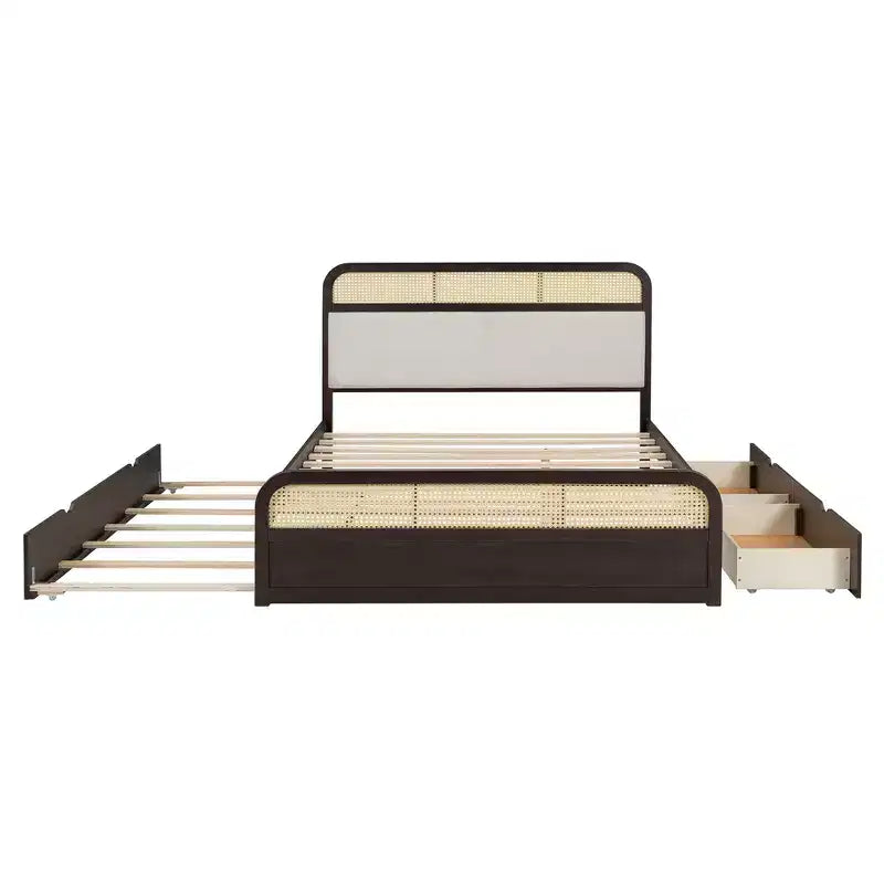 Lit plateforme queen en bois avec lit gigogne et 2 tiroirs, accents en rotin Bed 4S - ModernLuxe
