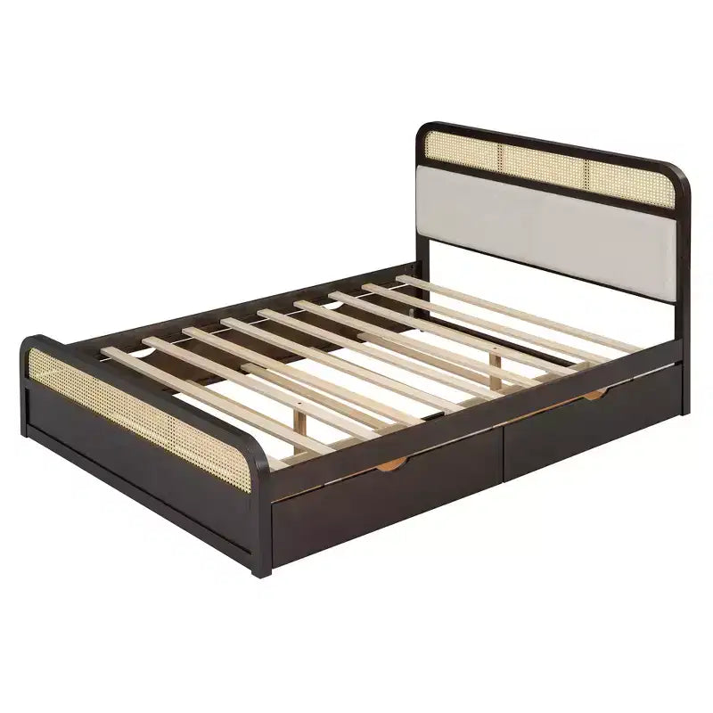 Lit plateforme queen en bois avec lit gigogne et 2 tiroirs, accents en rotin Bed 4S - ModernLuxe
