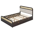 Lit plateforme queen en bois avec lit gigogne et 2 tiroirs, accents en rotin Bed 4S - ModernLuxe