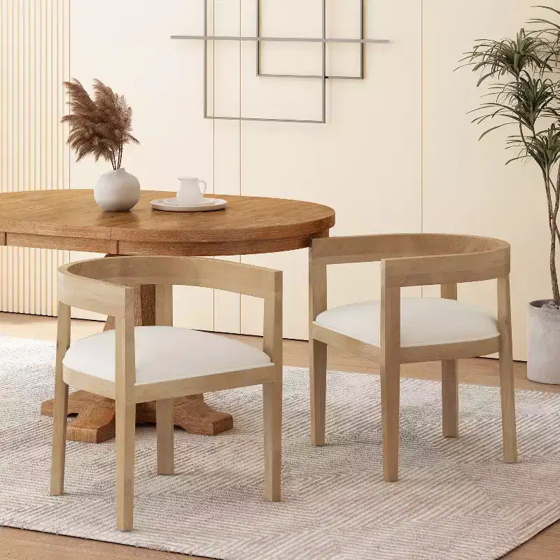 Lot de 2 chaises de salle à manger rétro avec accoudoirs et pieds en bois d'hévéa, Naturel+Beige 4S - HABITRIO