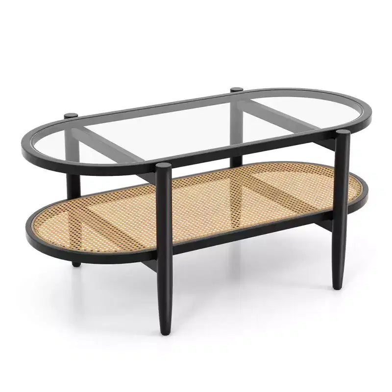 Table basse Costway à 2 niveaux avec plateau en verre trempé, étagère en rotin PE et cadre en bois d'acacia Noir/Marron