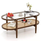 Table basse Costway à 2 niveaux avec plateau en verre trempé, étagère en rotin PE et cadre en bois d'acacia Noir/Marron