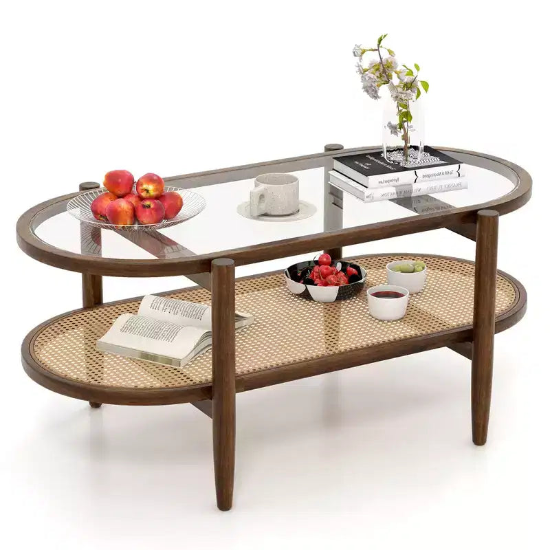 Table basse Costway à 2 niveaux avec plateau en verre trempé, étagère en rotin PE et cadre en bois d'acacia Noir/Marron