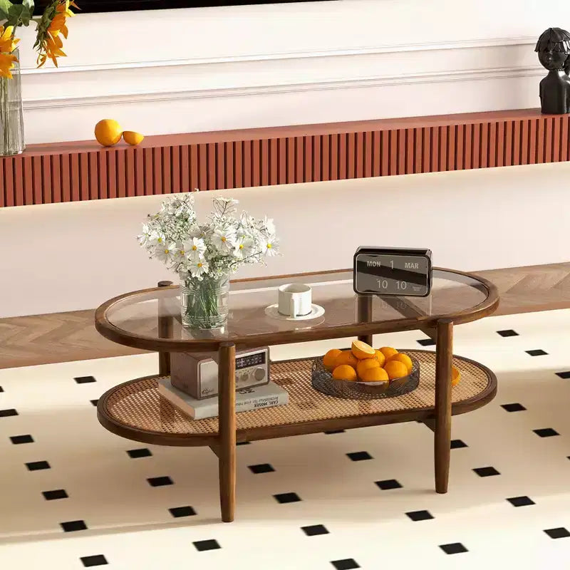 Table basse Costway à 2 niveaux avec plateau en verre trempé, étagère en rotin PE et cadre en bois d'acacia Noir/Marron
