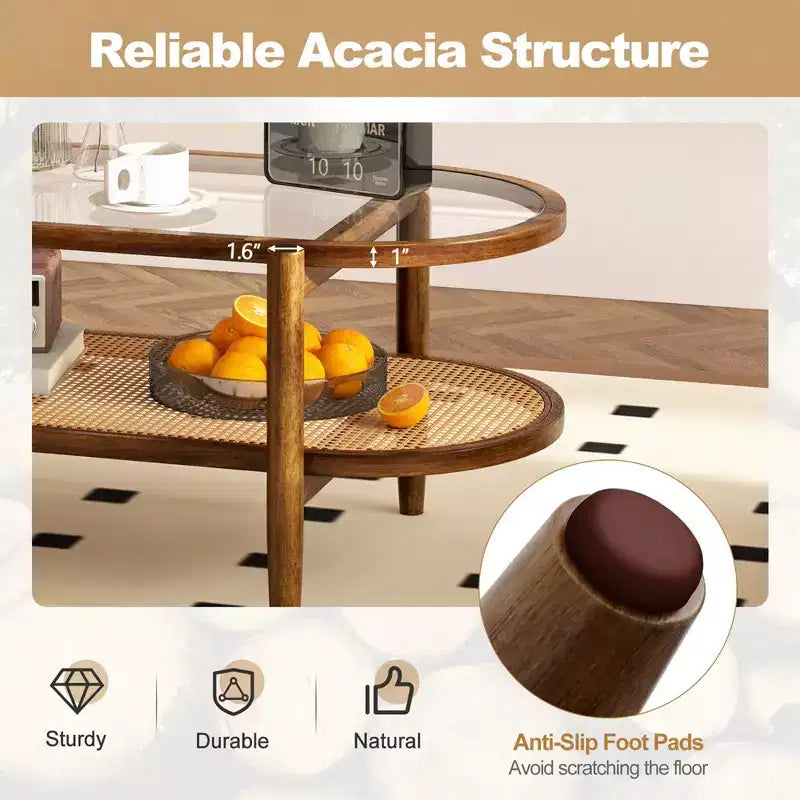 Table basse Costway à 2 niveaux avec plateau en verre trempé, étagère en rotin PE et cadre en bois d'acacia Noir/Marron
