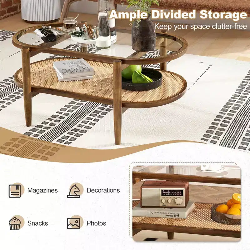 Table basse Costway à 2 niveaux avec plateau en verre trempé, étagère en rotin PE et cadre en bois d'acacia Noir/Marron