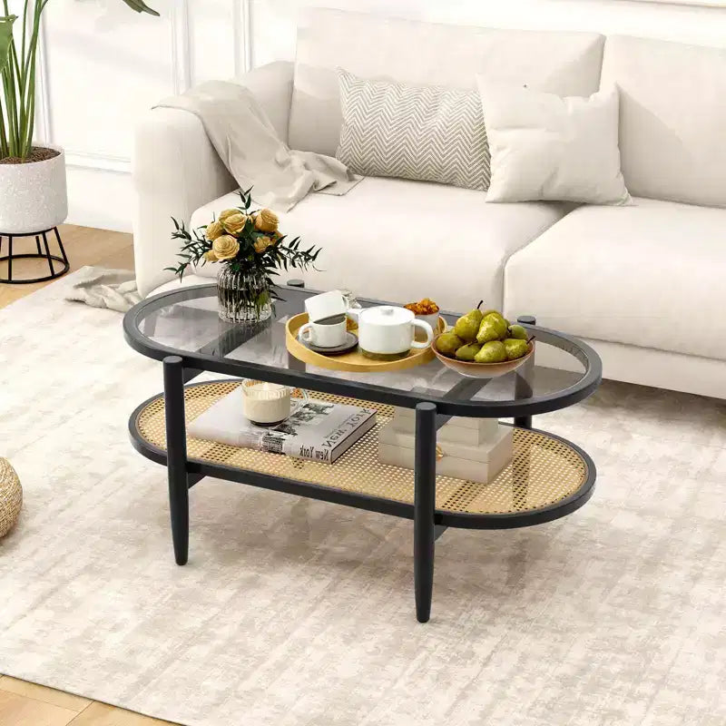 Table basse Costway à 2 niveaux avec plateau en verre trempé, étagère en rotin PE et cadre en bois d'acacia Noir/Marron
