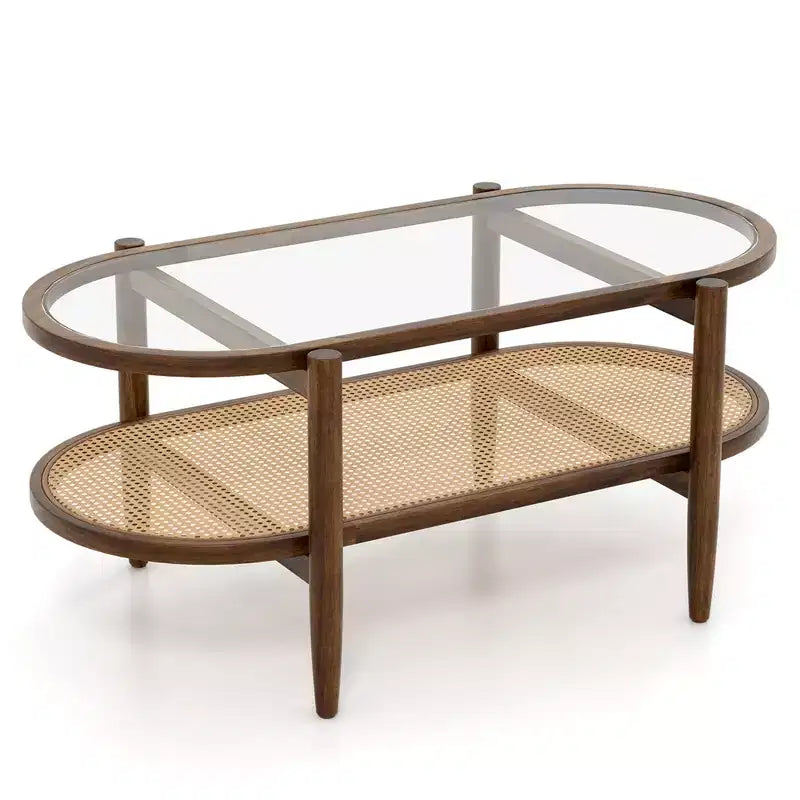 Table basse Costway à 2 niveaux avec plateau en verre trempé, étagère en rotin PE et cadre en bois d'acacia Noir/Marron