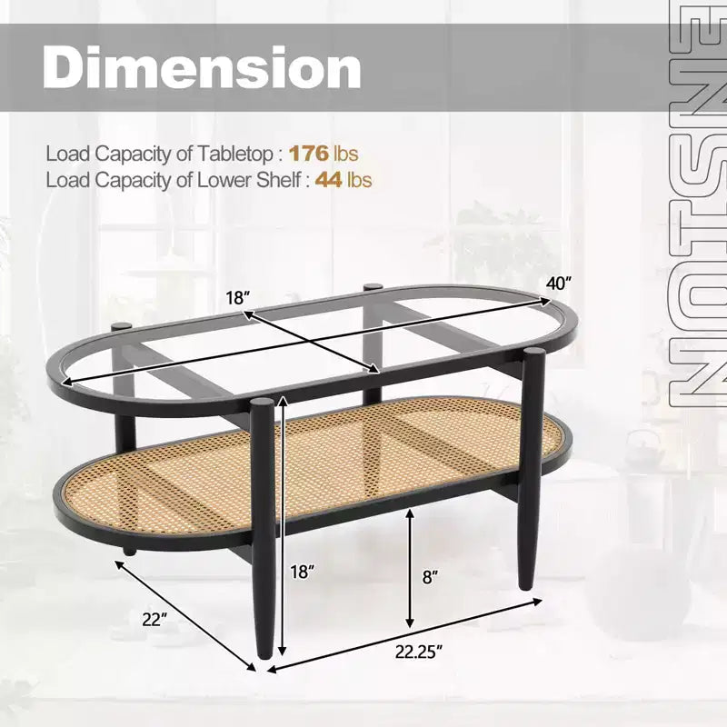 Table basse Costway à 2 niveaux avec plateau en verre trempé, étagère en rotin PE et cadre en bois d'acacia Noir/Marron