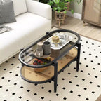 Table basse Costway à 2 niveaux avec plateau en verre trempé, étagère en rotin PE et cadre en bois d'acacia Noir/Marron