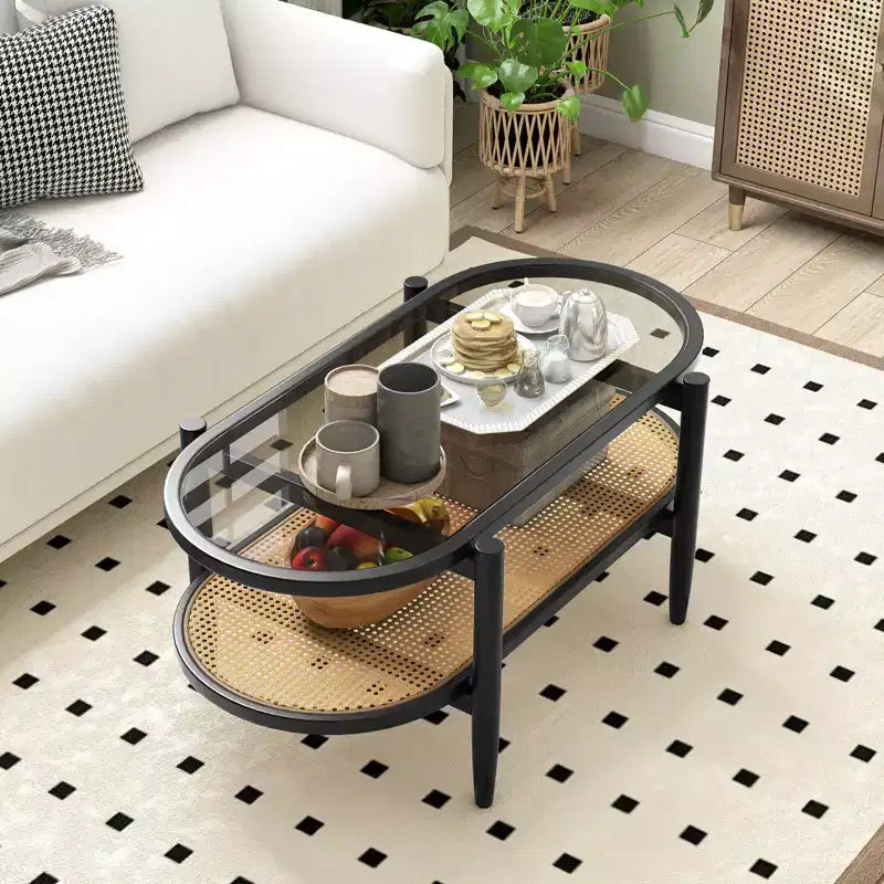 Table basse Costway à 2 niveaux avec plateau en verre trempé, étagère en rotin PE et cadre en bois d'acacia Noir/Marron