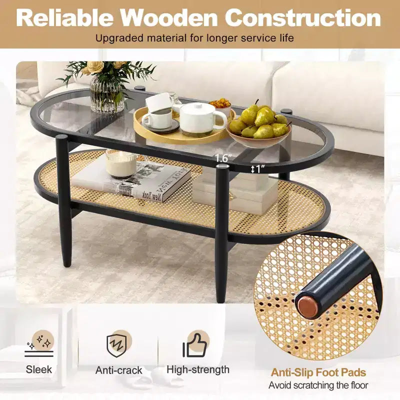 Table basse Costway à 2 niveaux avec plateau en verre trempé, étagère en rotin PE et cadre en bois d'acacia Noir/Marron