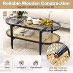 Table basse Costway à 2 niveaux avec plateau en verre trempé, étagère en rotin PE et cadre en bois d'acacia Noir/Marron