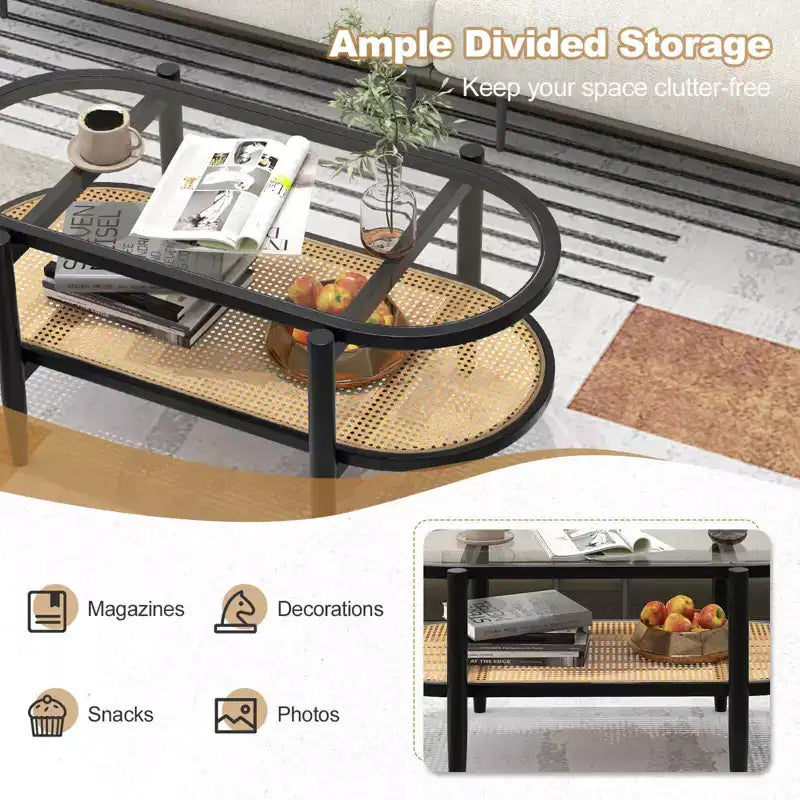 Table basse Costway à 2 niveaux avec plateau en verre trempé, étagère en rotin PE et cadre en bois d'acacia Noir/Marron