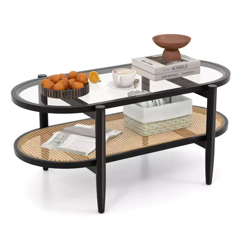 Costway 2-Tier Coffee Table Tempered Glass Top with PE Rattan Shelf & Acacia Wood Frame Black/Brown