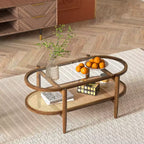 Table basse Costway à 2 niveaux avec plateau en verre trempé, étagère en rotin PE et cadre en bois d'acacia Noir/Marron