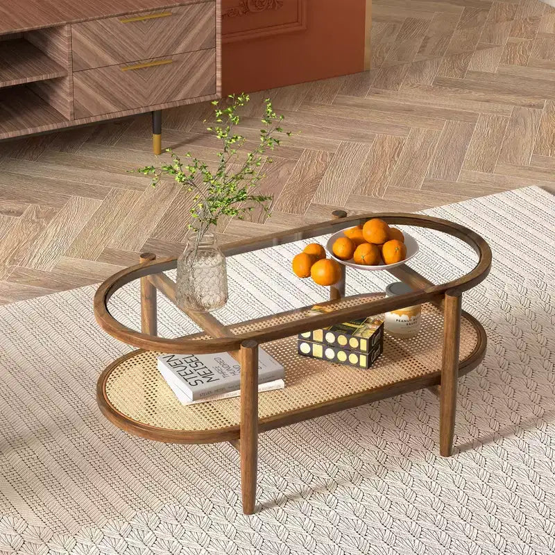 Table basse Costway à 2 niveaux avec plateau en verre trempé, étagère en rotin PE et cadre en bois d'acacia Noir/Marron