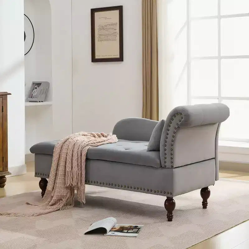 HYLEORY Chaise longue de rangement, fauteuil d'appoint moderne en velours capitonné avec pieds en bois massif et oreiller lombaire (accoudoir droit)