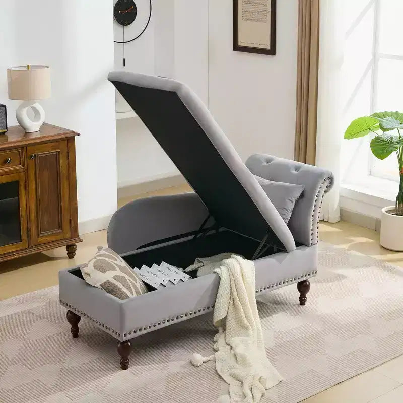 HYLEORY Chaise longue de rangement, fauteuil d'appoint moderne en velours capitonné avec pieds en bois massif et oreiller lombaire (accoudoir droit)