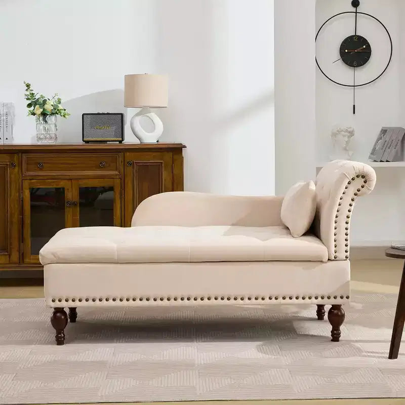 HYLEORY Chaise longue de rangement, fauteuil d'appoint moderne en velours capitonné avec pieds en bois massif et oreiller lombaire (accoudoir droit)