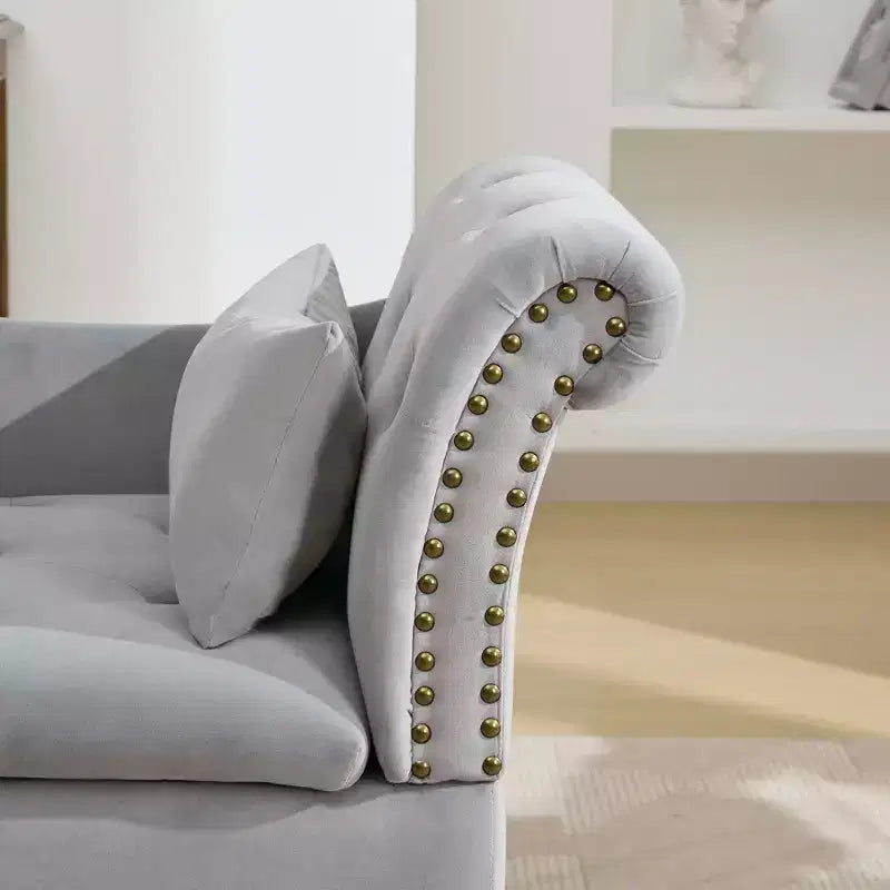 HYLEORY Chaise longue de rangement, fauteuil d'appoint moderne en velours capitonné avec pieds en bois massif et oreiller lombaire (accoudoir droit)