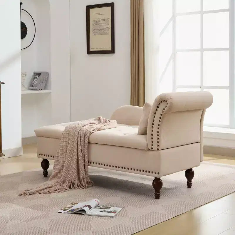HYLEORY Chaise longue de rangement, fauteuil d'appoint moderne en velours capitonné avec pieds en bois massif et oreiller lombaire (accoudoir droit)