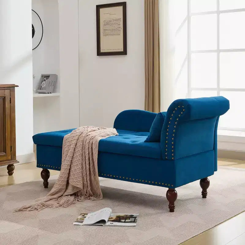 HYLEORY Chaise longue de rangement, fauteuil d'appoint moderne en velours capitonné avec pieds en bois massif et oreiller lombaire (accoudoir droit)