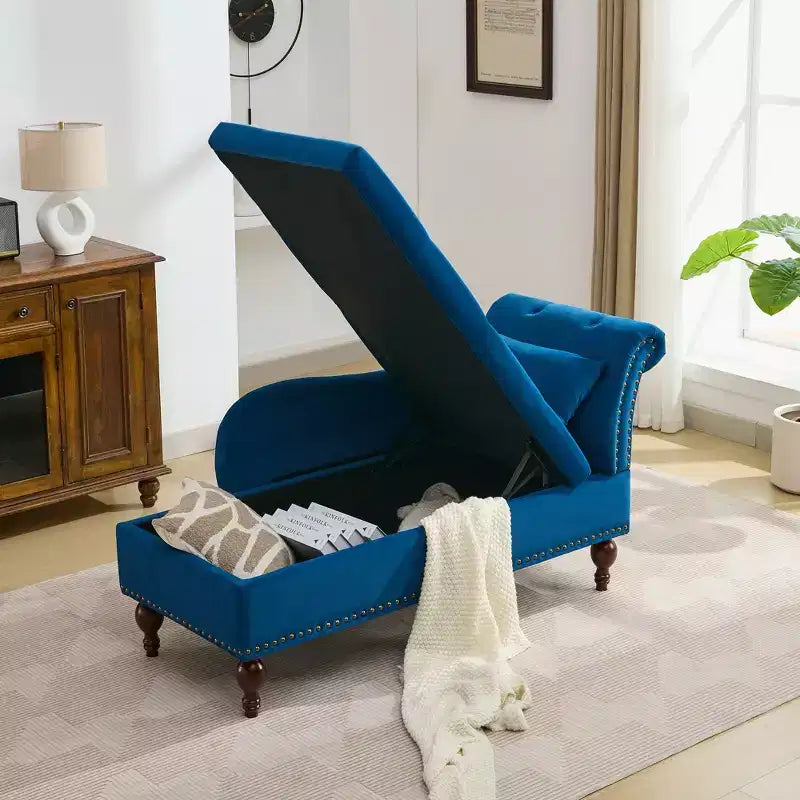 HYLEORY Chaise longue de rangement, fauteuil d'appoint moderne en velours capitonné avec pieds en bois massif et oreiller lombaire (accoudoir droit)