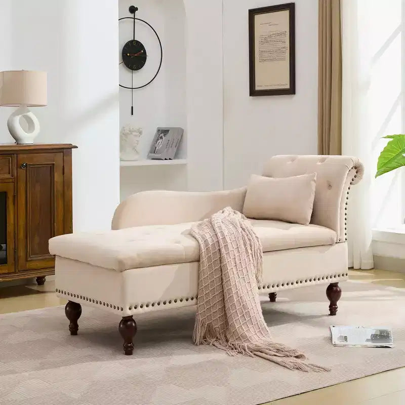 HYLEORY Chaise longue de rangement, fauteuil d'appoint moderne en velours capitonné avec pieds en bois massif et oreiller lombaire (accoudoir droit)