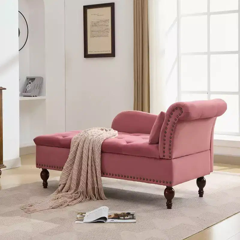 HYLEORY Chaise longue de rangement, fauteuil d'appoint moderne en velours capitonné avec pieds en bois massif et oreiller lombaire (accoudoir droit)