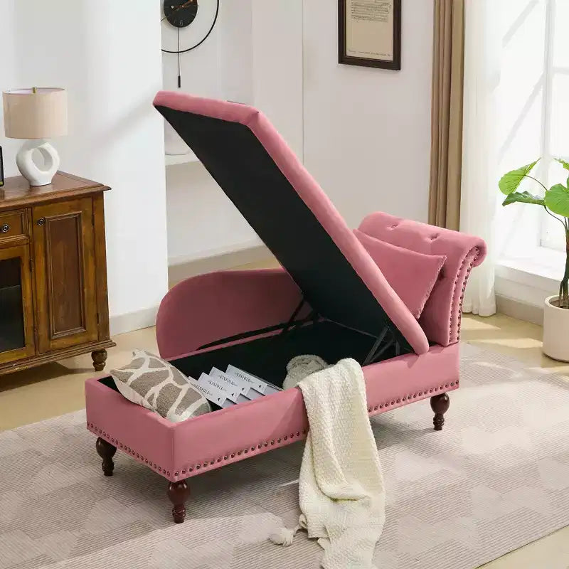 HYLEORY Chaise longue de rangement, fauteuil d'appoint moderne en velours capitonné avec pieds en bois massif et oreiller lombaire (accoudoir droit)