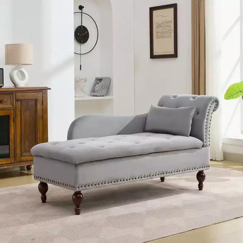 HYLEORY Chaise longue de rangement, fauteuil d'appoint moderne en velours capitonné avec pieds en bois massif et oreiller lombaire (accoudoir droit)