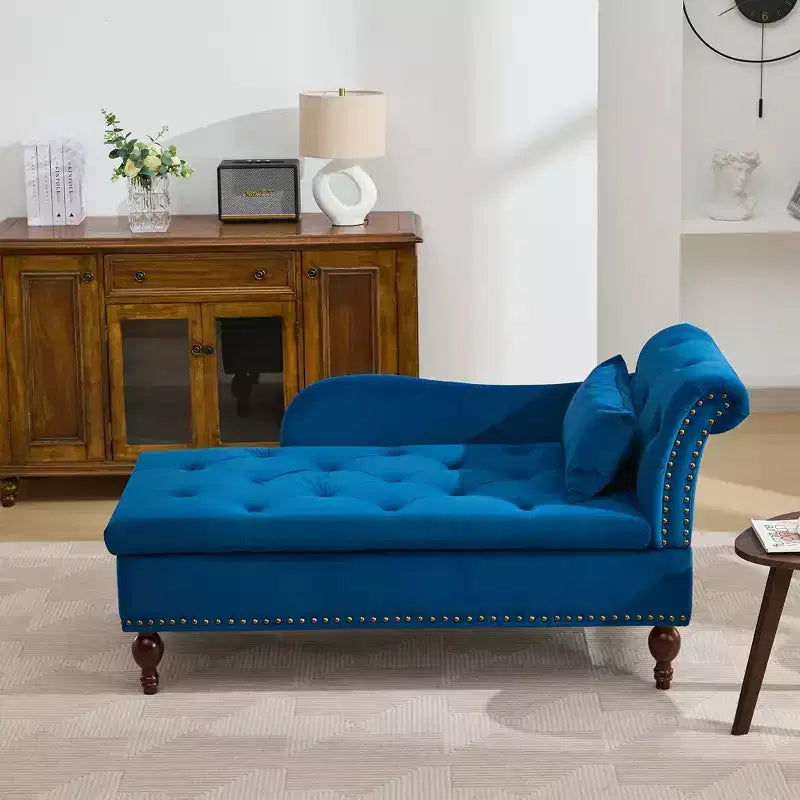 HYLEORY Chaise longue de rangement, fauteuil d'appoint moderne en velours capitonné avec pieds en bois massif et oreiller lombaire (accoudoir droit)