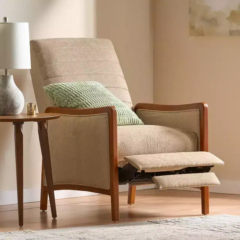 Fauteuil inclinable en tissu GDFStudio Mendota Mid Century Modern avec piqûres capitonnées et poussoir en bois
