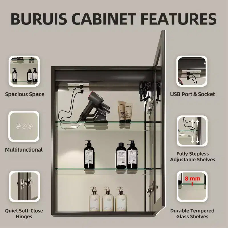 Armoire à pharmacie HBEZON avec miroirs et lumières, armoire de salle de bain à encastrer/murale, 3 modes d'éclairage, intensité réglable, anti-buée, noire