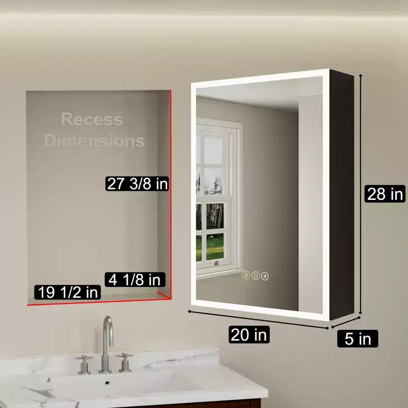 Armoire à pharmacie HBEZON avec miroirs et lumières, armoire de salle de bain à encastrer/murale, 3 modes d'éclairage, intensité réglable, anti-buée, noire