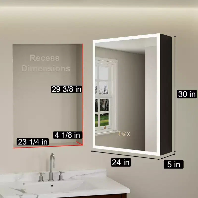 Armoire à pharmacie HBEZON avec miroirs et lumières, armoire de salle de bain à encastrer/murale, 3 modes d'éclairage, intensité réglable, anti-buée, noire