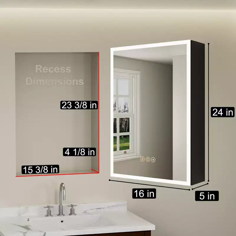 Armoire à pharmacie HBEZON avec miroirs et lumières, armoire de salle de bain à encastrer/murale, 3 modes d'éclairage, intensité réglable, anti-buée, noire