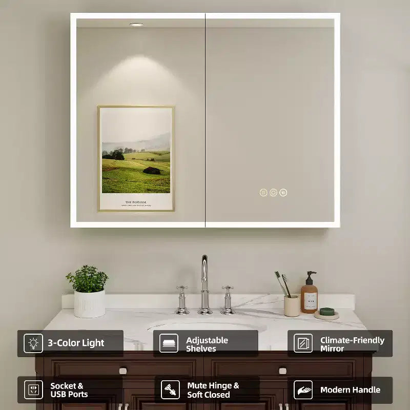 Armoire à pharmacie HBEZON avec miroirs et lumières, armoire de salle de bain à encastrer/murale, 3 modes d'éclairage, intensité réglable, anti-buée, noire