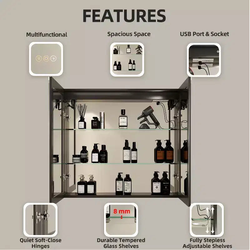 Armoire à pharmacie HBEZON avec miroirs et lumières, armoire de salle de bain à encastrer/murale, 3 modes d'éclairage, intensité réglable, anti-buée, noire