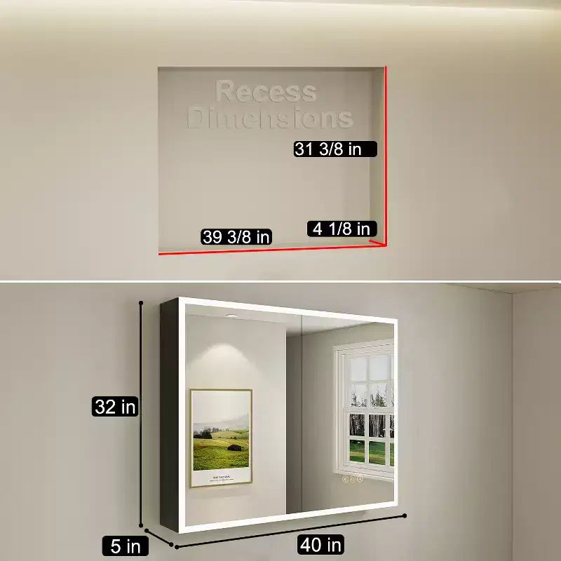Armoire à pharmacie HBEZON avec miroirs et lumières, armoire de salle de bain à encastrer/murale, 3 modes d'éclairage, intensité réglable, anti-buée, noire