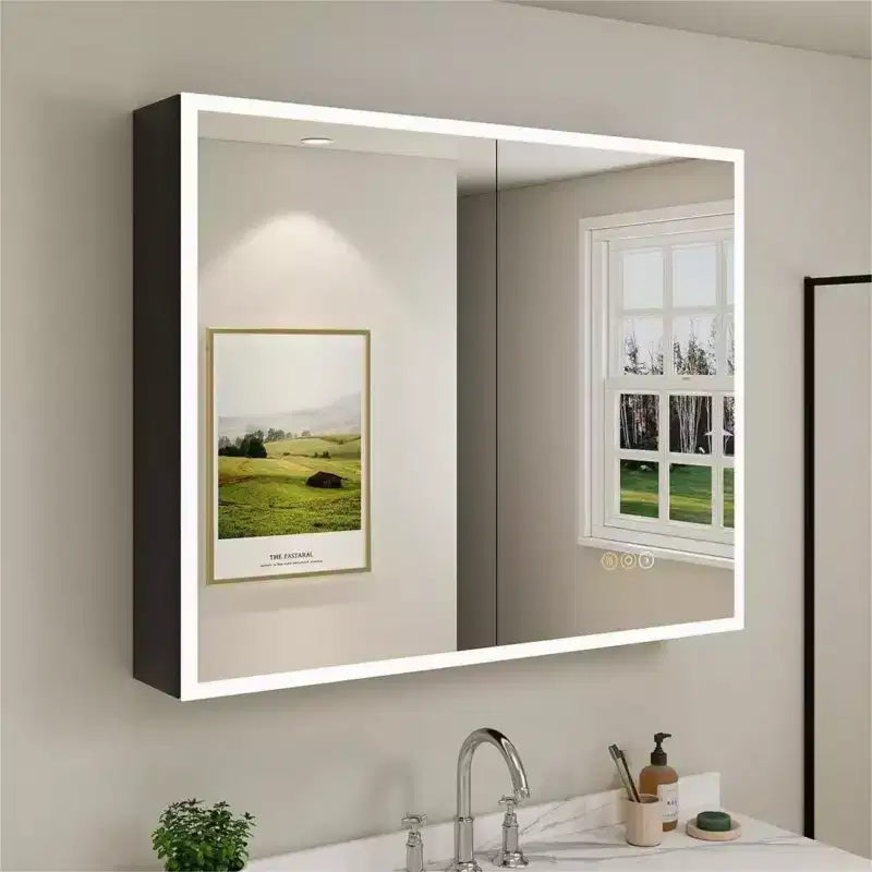 Armoire à pharmacie HBEZON avec miroirs et lumières, armoire de salle de bain à encastrer/murale, 3 modes d'éclairage, intensité réglable, anti-buée, noire